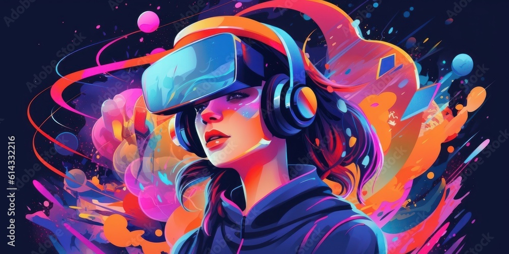 Naklejka premium Woman with VR Headset Exploring the Metaverse, Virtual Reality Glasses of Modern Technology. Generative Ai