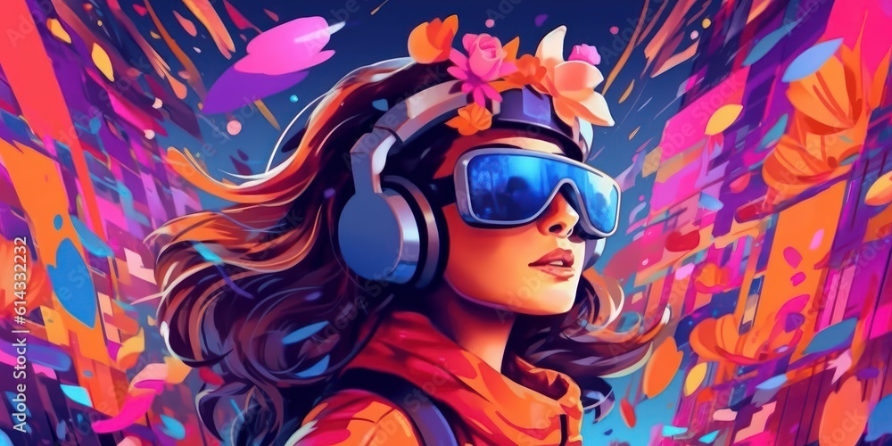 Woman with VR Headset Exploring the Metaverse, Virtual Reality Glasses of Modern Technology. Generative Ai Woman with VR Headset Exploring the Metaverse, Virtual Reality Glasses of Modern Technology. Generative Ai