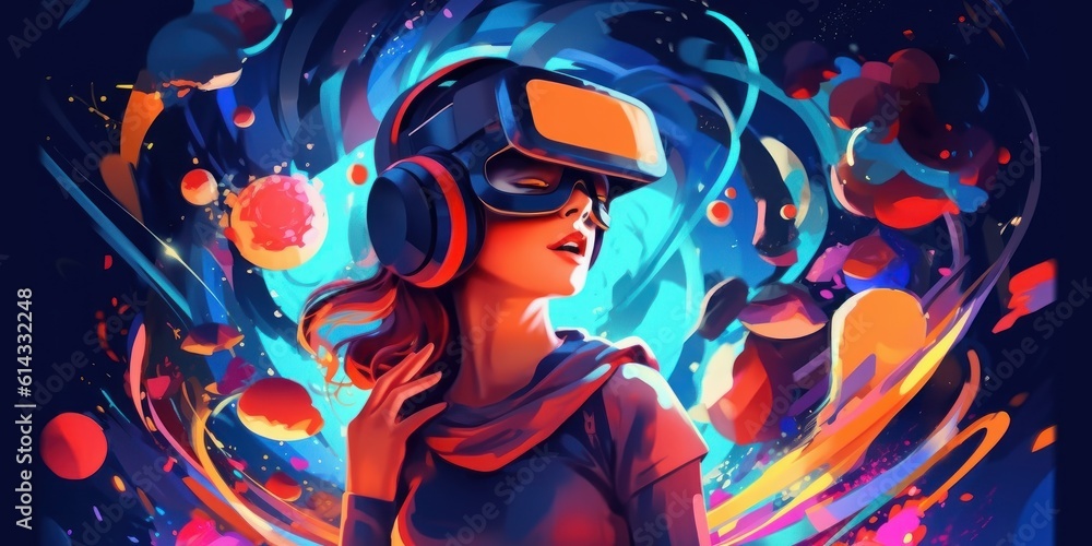 Fototapeta premium Woman with VR Headset Exploring the Metaverse, Virtual Reality Glasses of Modern Technology. Generative Ai