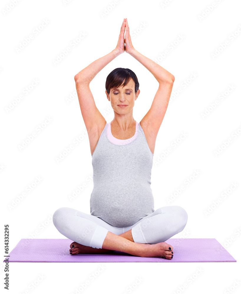 Yoga, pregnant and a meditation exercise with a woman isolated on transparent, png background. Female model person meditate for healthy pregnancy, fitness or health and wellness with namaste for zen Yoga, pregnant and a meditation exercise with a woman isolated on transparent, png background. Female model person meditate for healthy pregnancy, fitness or health and wellness with namaste for zen