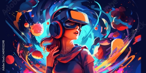 Woman with VR Headset Exploring the Metaverse, Virtual Reality Glasses of Modern Technology. Generative Ai