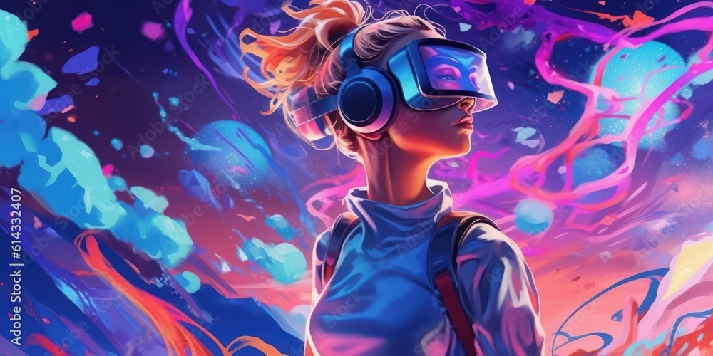 Woman with VR Headset Exploring the Metaverse, Virtual Reality Glasses of Modern Technology. Generative Ai Woman with VR Headset Exploring the Metaverse, Virtual Reality Glasses of Modern Technology. Generative Ai