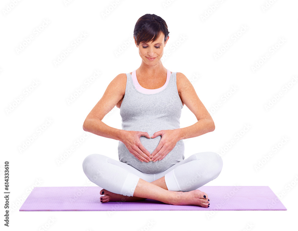 Pregnant woman, yoga and a heart shape on stomach isolated on transparent, png background. Female model person on a mat to exercise for a healthy pregnancy, fitness or health and wellness with love Pregnant woman, yoga and a heart shape on stomach isolated on transparent, png background. Female model person on a mat to exercise for a healthy pregnancy, fitness or health and wellness with love