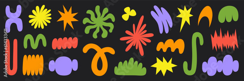 Abstract organic shapes with bright geometric cutting doodles. Trendy random shapes. Vector illustration