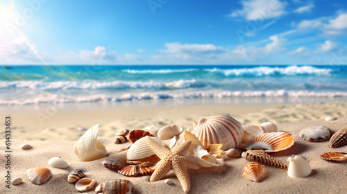 Starfish and shells on the beach, summer seaside vacation background © lin