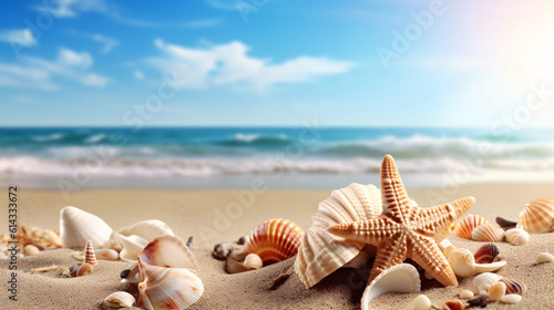 Starfish and shells on the beach, summer seaside vacation background
