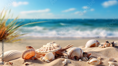 Starfish and shells on the beach, summer seaside vacation background © lin