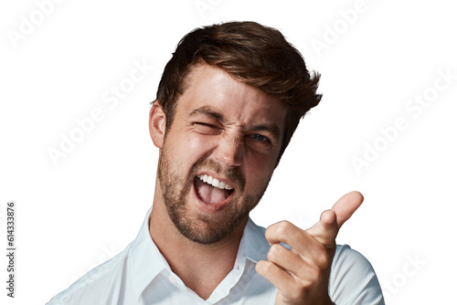 Portrait, pointing and man wink for flirting, silly and funny guy isolated against a transparent background. Face, male person or model with humor, hand gun or goofy gesture with png, mindset and joy photo