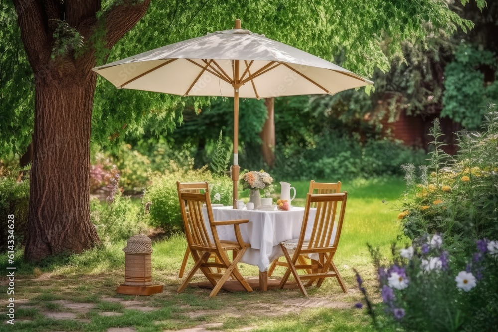 Cafe table with chair and parasol umbrella in the garden. Generative AI