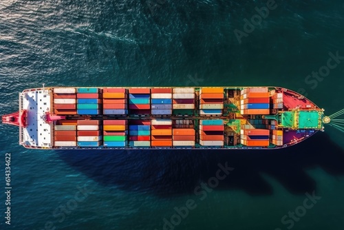 Aerial top view of a cargo ship carrying containers for export cargo. Generative AI