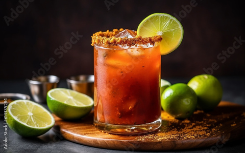 Michelagua or michelada glass with a slice of lime on the top. Mexican cold summer drink and beverage