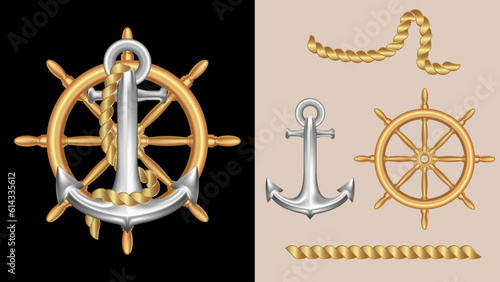 Vector realistic illustration of ship captain steering wheel with gold and steel anchor and ropes