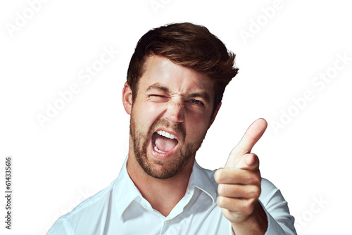 Canvas Print Portrait, hand gun and man funny, promotion and silly guy isolated against a transparent background