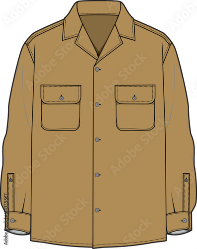 Men's Long sleeve resort shirt flat sketch illustration, Cuban collar mens long sleeve shirt for casual wear fashion illustration template mock up