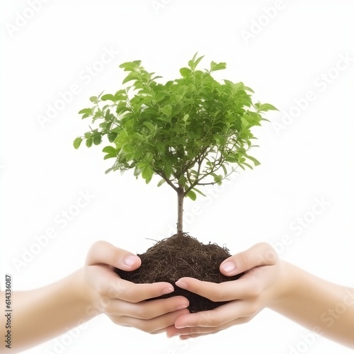 Woman hand holding a little green tree plant  Generative AI