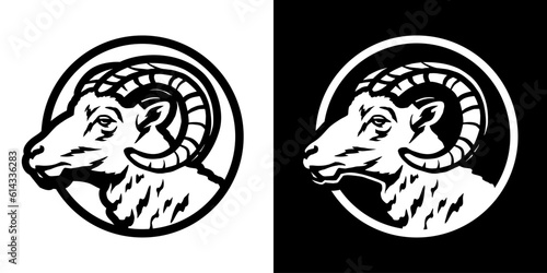 The head of a ram. Round logo, emblem on a black background.