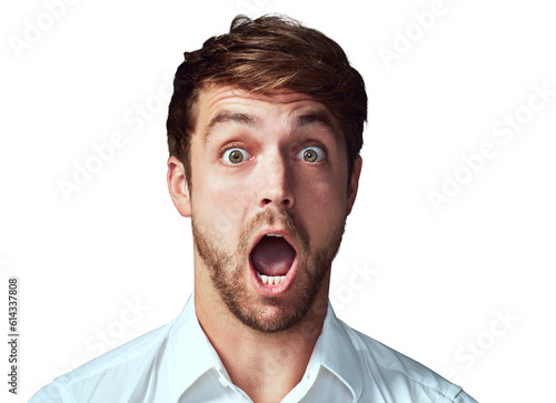 Portrait, wow and man with surprise, deal and announcement isolated against a transparent background. Face, male person and model with omg, shocked and gossip with png, emoji and facial expression © Suresh Heyt/peopleimages.com