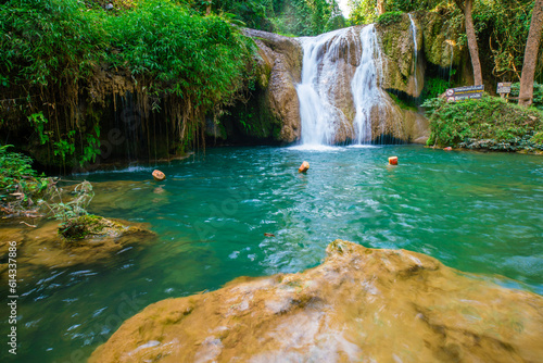 Beautiful tropical raingorest waterfall turquoise water serenity nature landscape