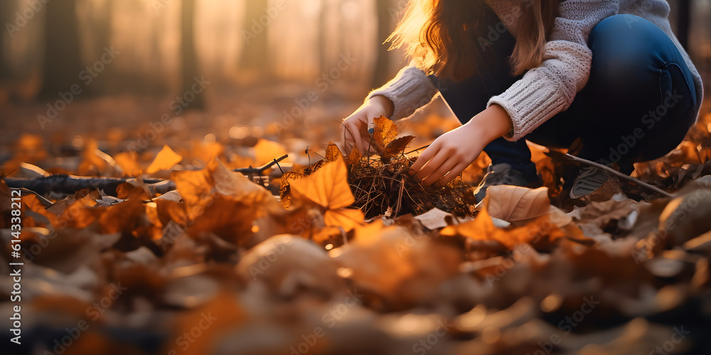 autumn in the forest, hand picking up leaves - generative AI autumn in the forest, hand picking up leaves - generative AI