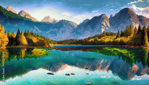 Majestic mountain vista with serene lake. Generative ai