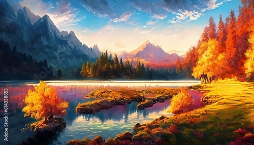 Autumn landscape, digital oil paint, Generative AI