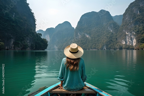 Back View of Young Female Tourist in Dress and Hat at Longtail Boat near Three rocks with Limestone Cliffs at Cheow Lan Lake. © Sasint