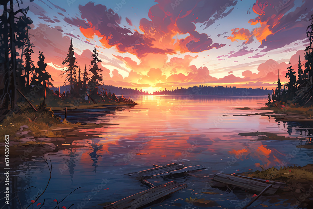 Lake with sunset, Anime style