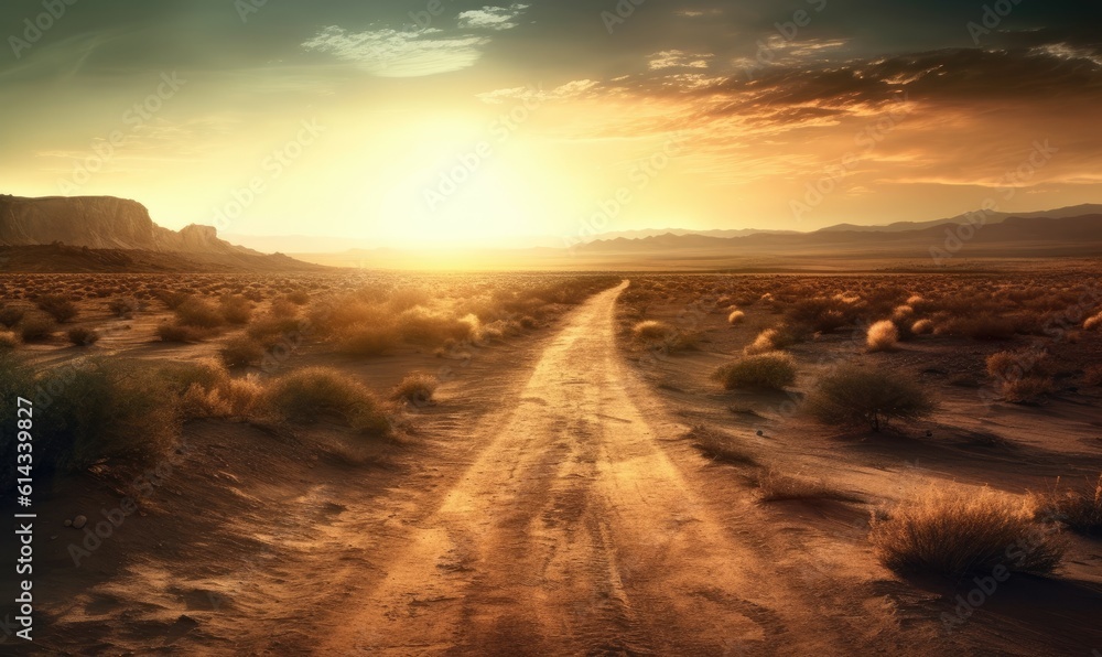 Breathtaking sunset colors paint the desert landscape with an endless road. Creating using generative AI tools