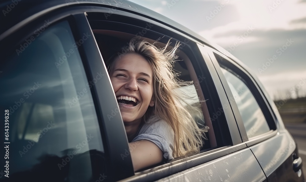 Adventurous caucasian lady embraces the freedom of the open road from the car window. Creating using generative AI tools