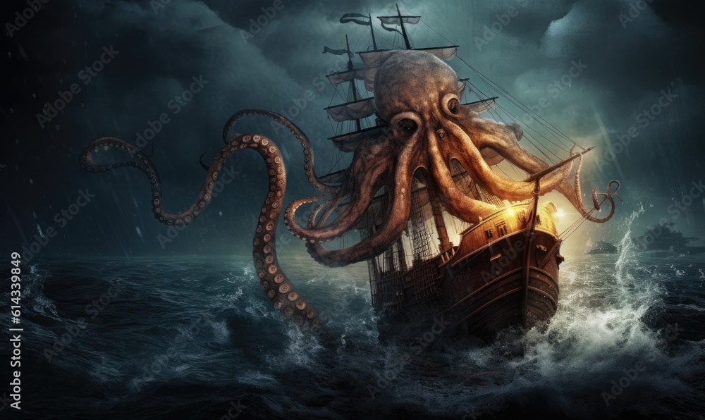 A giant octopus emerges from the depths, menacingly wrapping its tentacles around the ship. Creating using generative AI tools