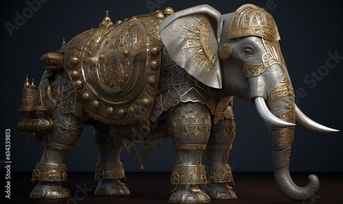 The majestic anthropomorphic elephant stands tall  donning powerful military armor. Creating using generative AI tools