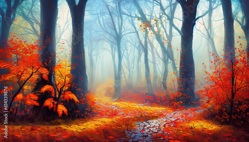 Painting path woods young autumn heavenly landscape art elegant oil splash beautiful canvas. Generative ai © Uuganbayar