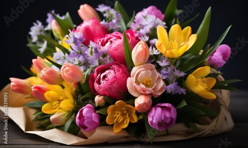 bouquet of multicolored tulips on grey background, in the style of bold color combinations
