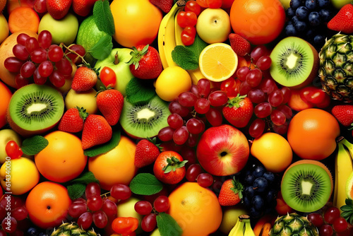 Fruit background  many fresh fruits mixed together