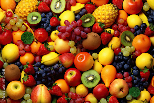 Fruit background, many fresh fruits mixed together