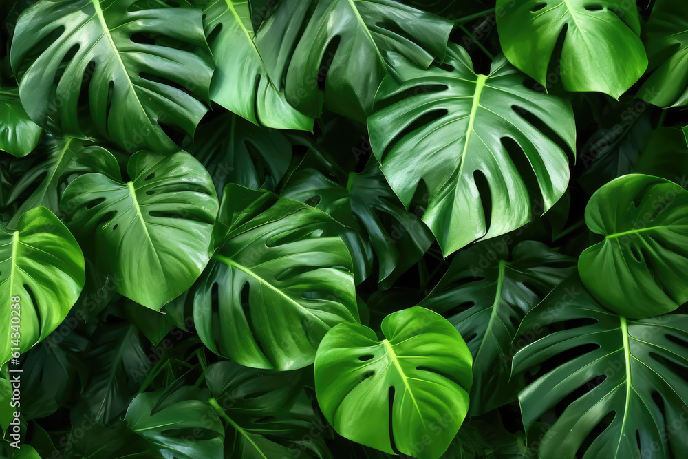 Fototapeta premium Tropical leaves, dark green foliage, abstract nature background