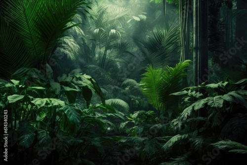 Green exotic palms growing in tropical forest against dark trees