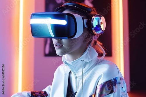 The girl in virtual glasses learns the virtual world. Generative AI