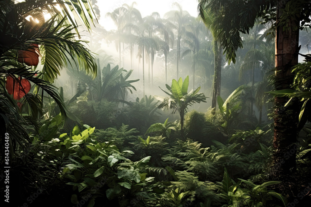 Jungle in the fog, palm trees in the haze, morning jungle, rainforest in the fog