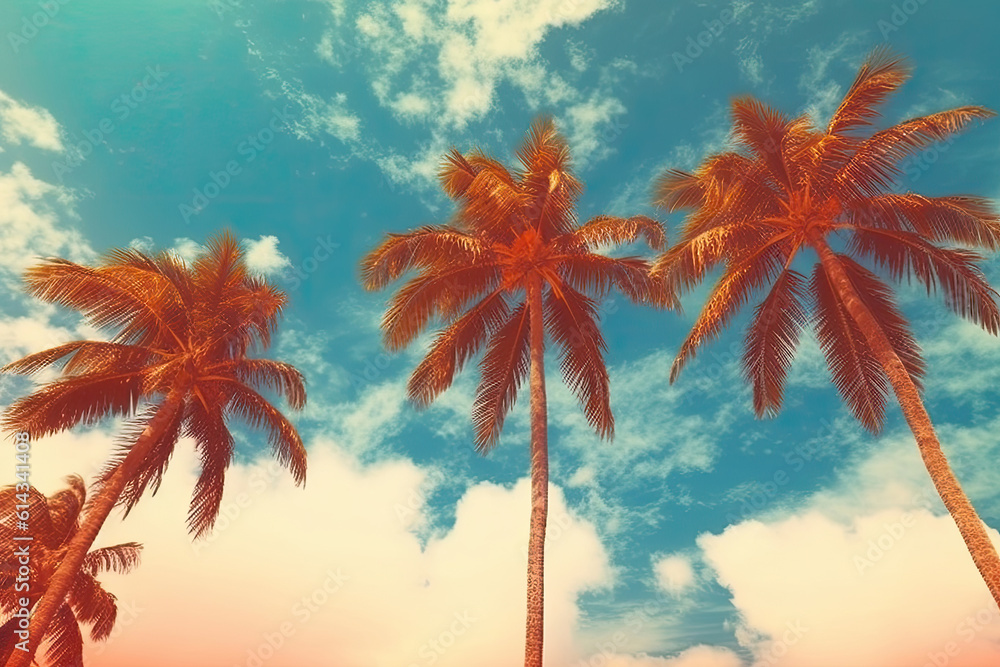 Palm trees against blue sky, Palm trees at tropical coast, vintage toned and stylized, coconut tree,summer tree Palm trees against blue sky, Palm trees at tropical coast, vintage toned and stylized, coconut tree,summer tree