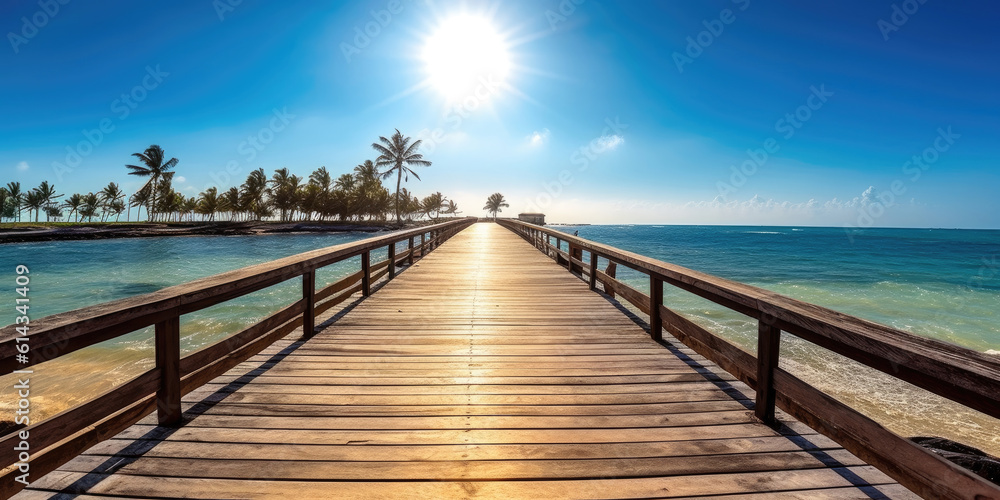 Nature panoramic landscape: Amazing Panorama sandy tropical beach with silhouette coconut palm tree in crystal clear sea and scenery wooden bridge out of the horizon