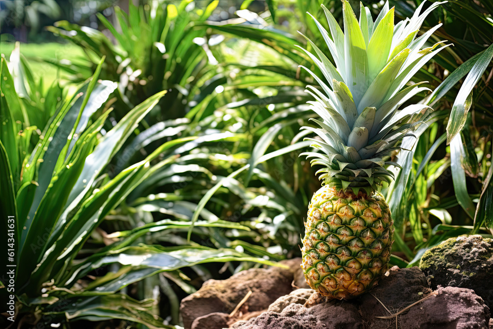Pineapple tropical fruit growing in garden. space for texture