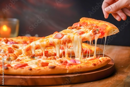 A slice of fried, hot Italian pizza with sticky cheese. Generative AI