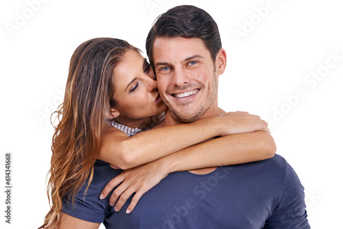 Portrait, kiss or happy couple hugging for romance in relationship isolated on transparent png background. Smile, romantic man or woman enjoy or celebrate quality bonding together on anniversary date