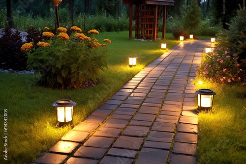 Winding path in the garden of clinker tiles illuminated by lanterns. Generative AI.