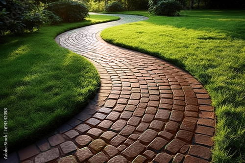 Winding path in the garden of clinker tiles. Generative AI