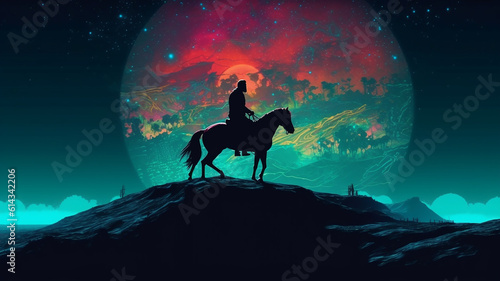 A horserider is on the hill at full moon night, Generative AI.