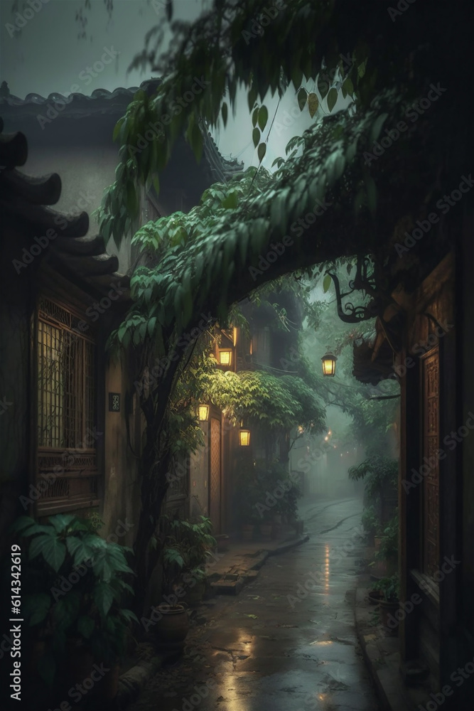 Fototapeta premium Street scene in rainy season evening in traditional Chinese ancient town