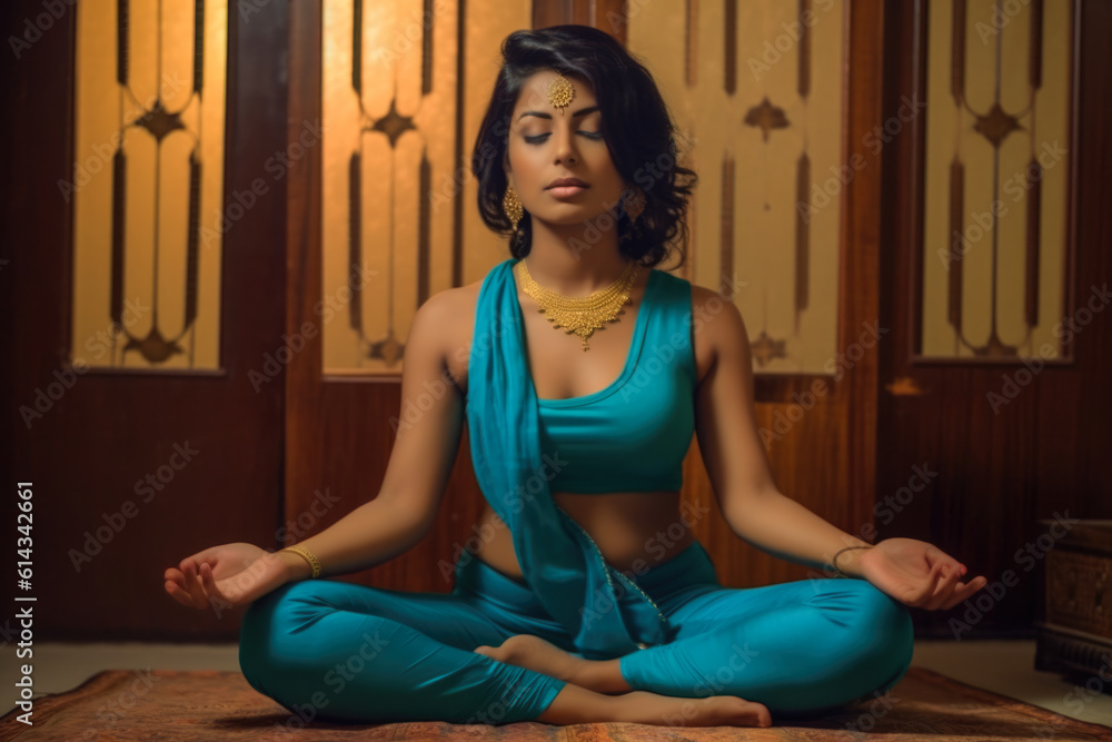 Hindu woman meditating alone at home. Generative AI Hindu woman meditating alone at home. Generative AI