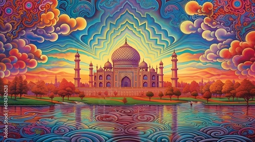 Abstract background art of Taj Mahal, vibrant acrylic colors, psychedelic and surreal art illustration